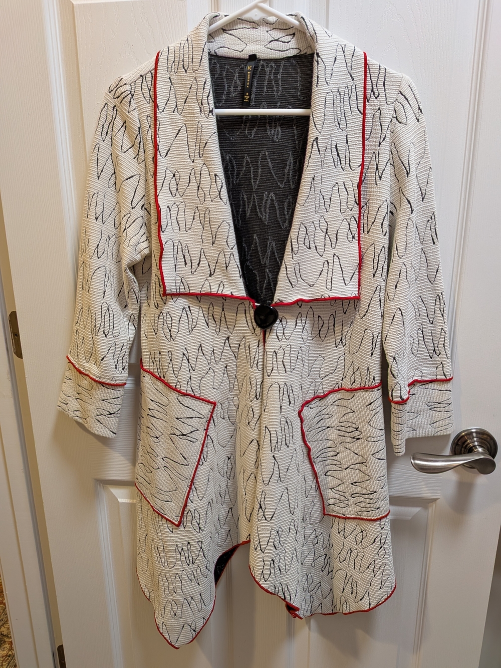 IC COLLECTION Knit Jacket Black Scribble Print and Red Trim Size S Made In USA